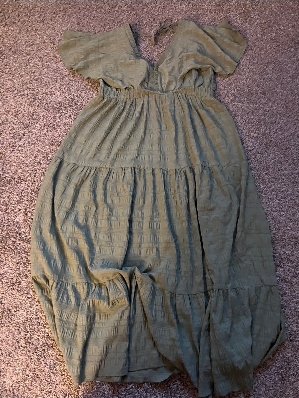 KOIO Olive Green Textured Tiered Maternity Dress
